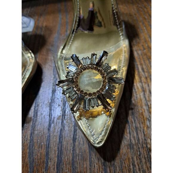 New Sz 7 Wet Kiss Clear High Heel Slingback Rhinestone Gold Sunflower Dress Shoe - Picture 11 of 12